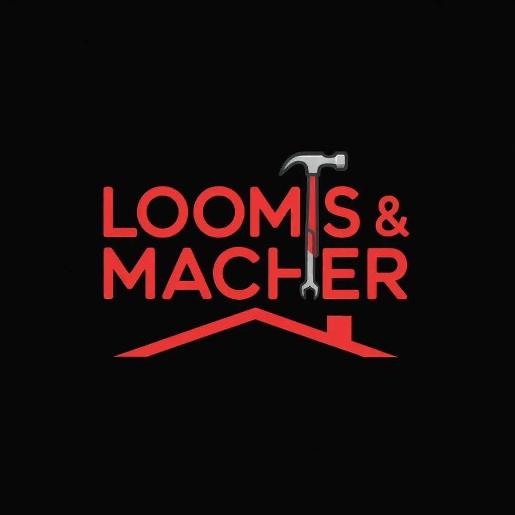 Logo with red text 'LOOMS & MACHS' and a hammer replacing the letter 'T', with a red line underneath resembling a roof.
