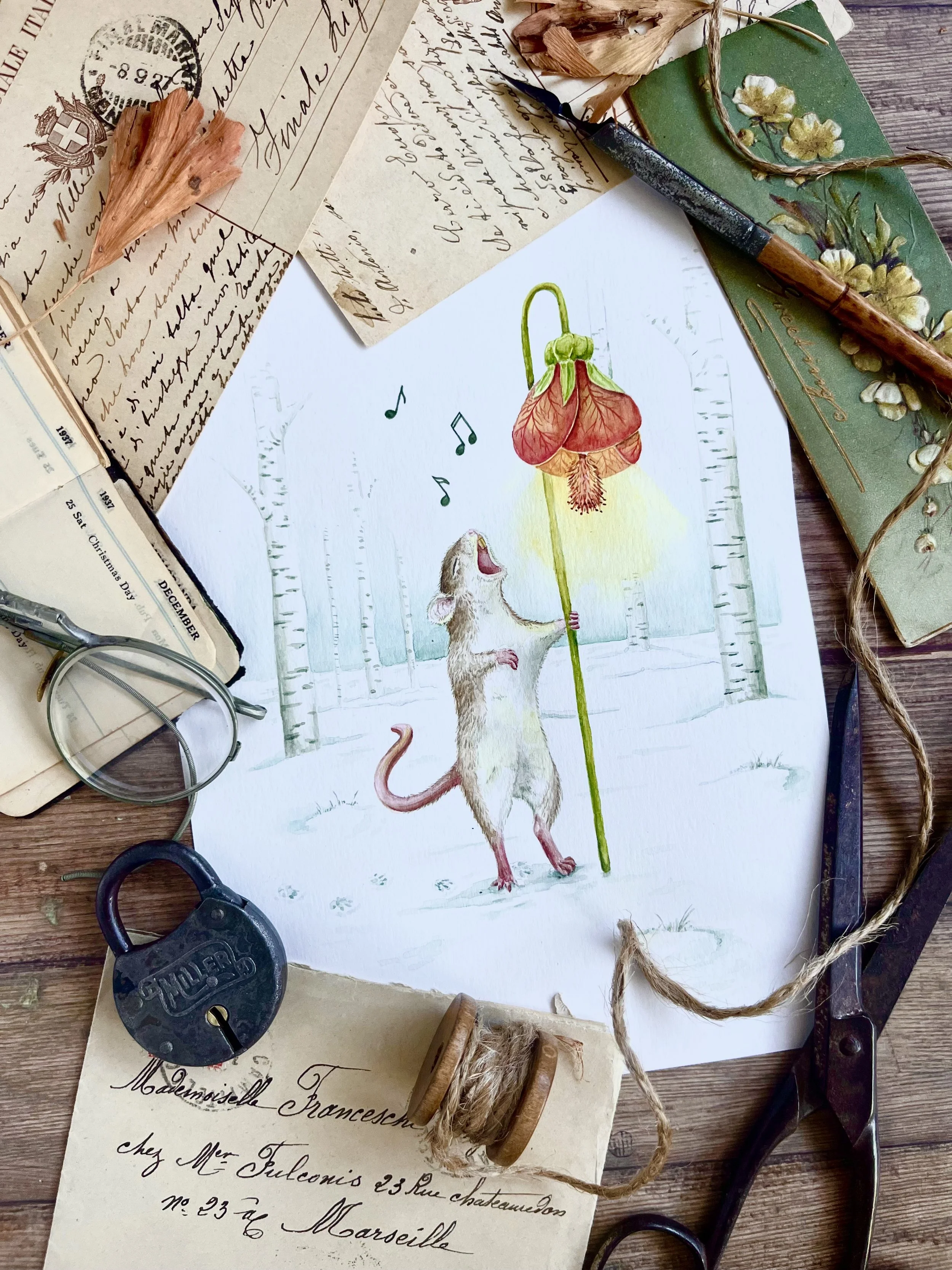 A detailed watercolor painting of a hare's head on a sheet of paper, with a small open box of dried flowers, a antique key, a book, and some dried plants arranged around it on a wooden surface.