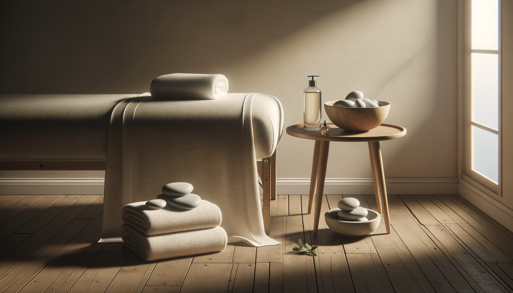 A neatly made massage table with a rolled towel on top, beside a small round wooden table holding soap and a bowl of stones, with more stones and a towel arranged on the floor and a window with sunlight streaming in.