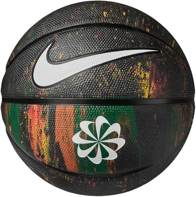 A Nike basketball with a multicolored, splattered pattern and a white floral logo.