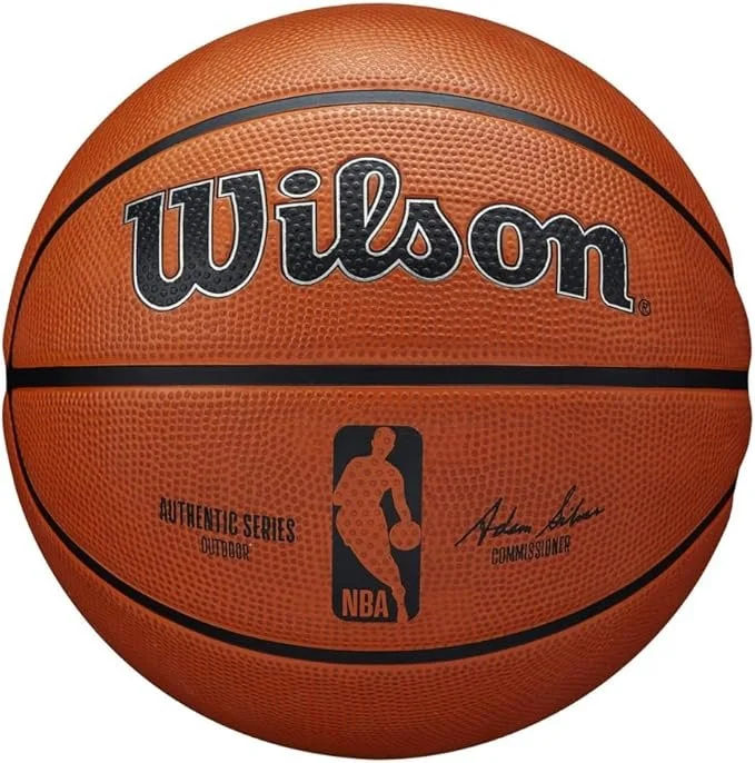 A Wilson NBA basketball with the NBA logo, the signature of a commissioner, and the text 'Authentic Series Outdoor' on it.