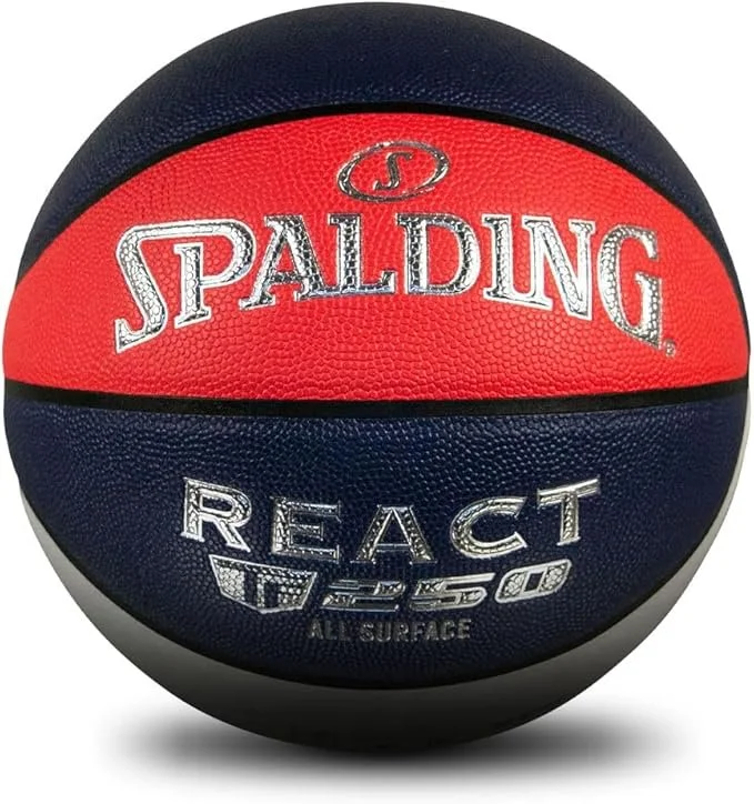 Close-up of a Spalding React basketball with red, black, and white sections.