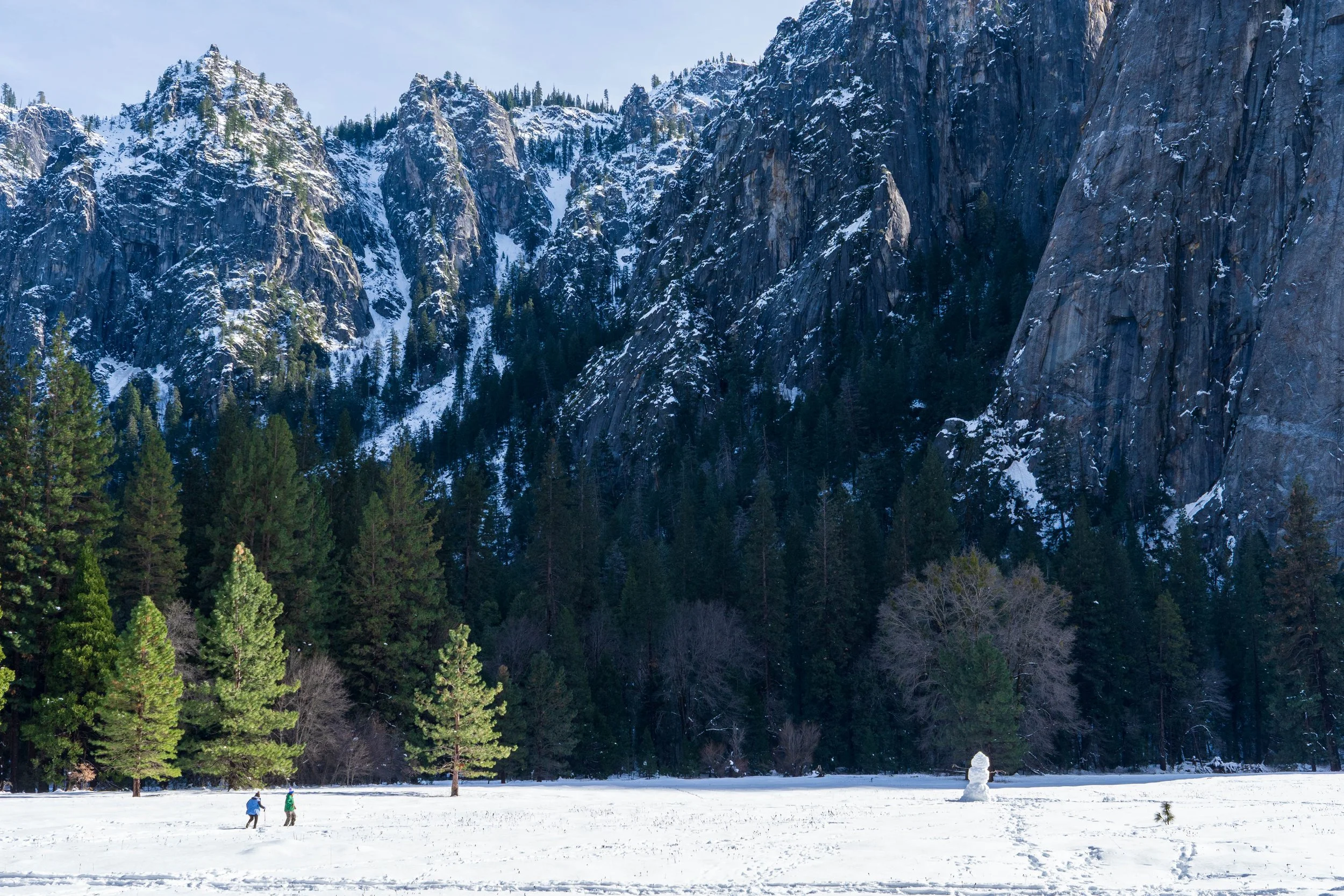 Snow-covered field with two people walking, dense evergreen trees, and tall snow-capped mountains in the background.