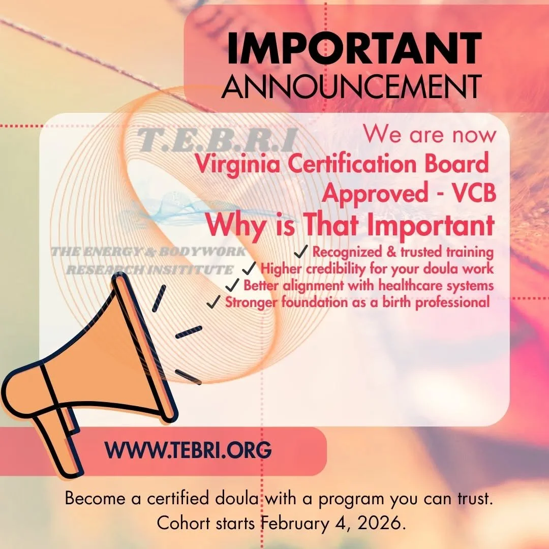 TEBRI is proud to announce that we are now VCB approved! This means our curriculum meets state standards for a professional doula education 

Why does this matter for YOU?
 You can be reassured that our program is 

Trusted &amp; recognized 
Strong' 