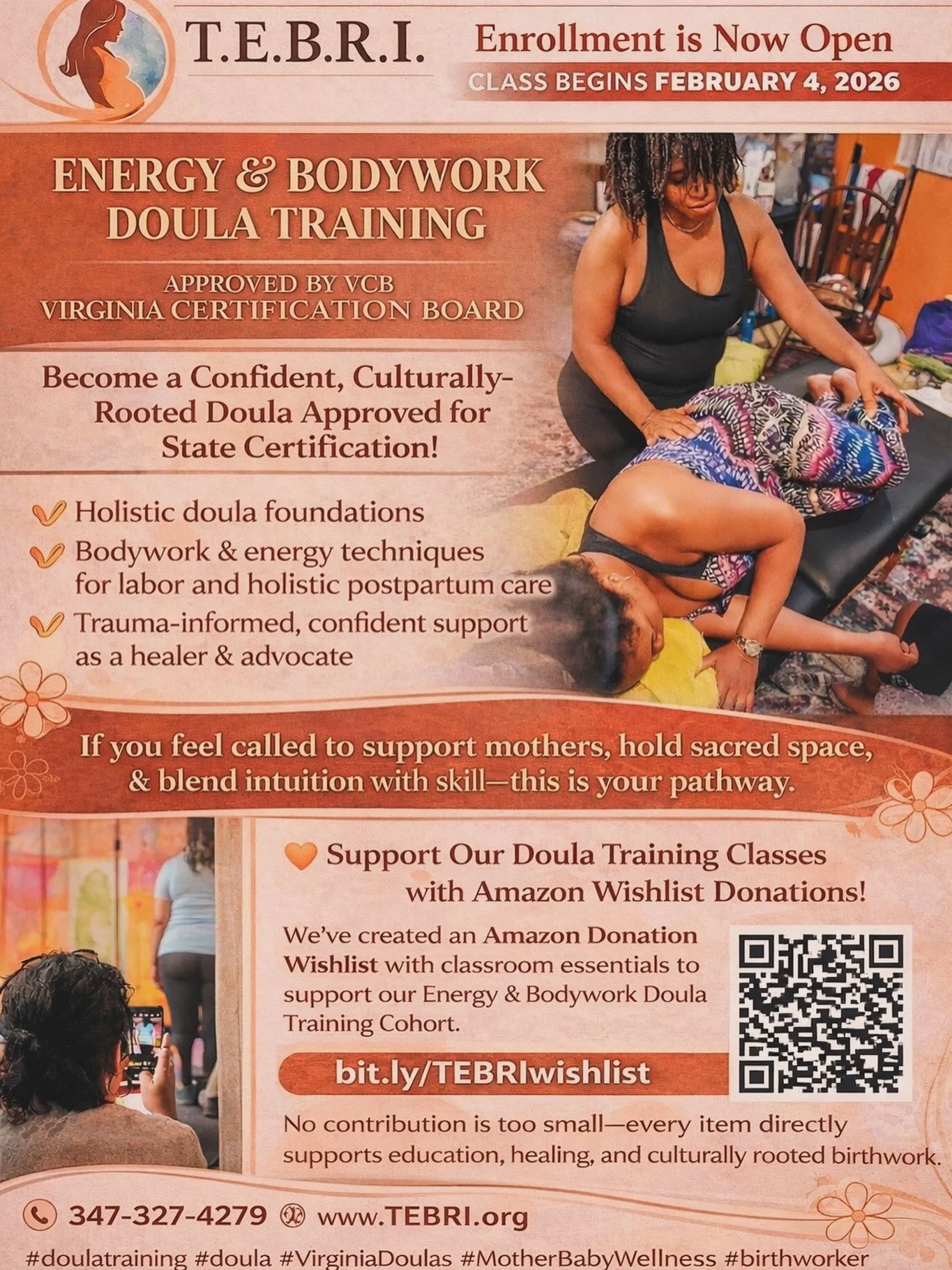 ✨ Energy &amp; Bodywork Doula Training &mdash; 3rd Cohort ✨

📅 Starts February 4th
⏰ 6&ndash;8 PM (ET)
🌀 12-week program ending the first week of May

🌿 11 weeks hybrid (virtual + guided practice)
🤍 1 week in-person hands-on retreat

What&rsquo;s