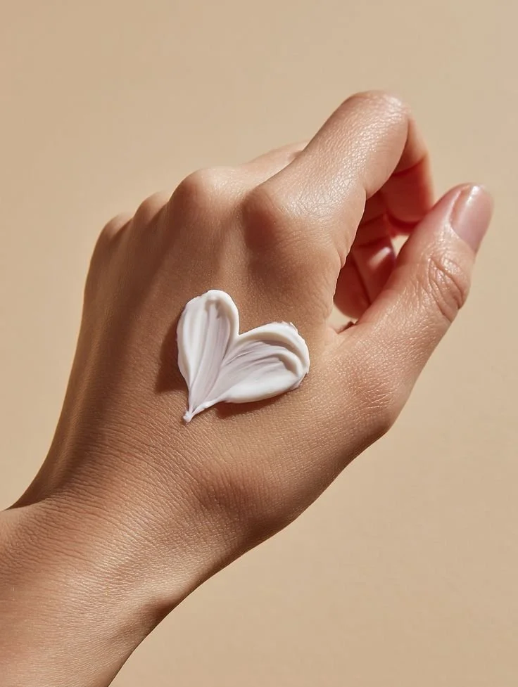 A hand with beige skin tone has white cream in the shape of a heart on the back of it, against a plain beige background.