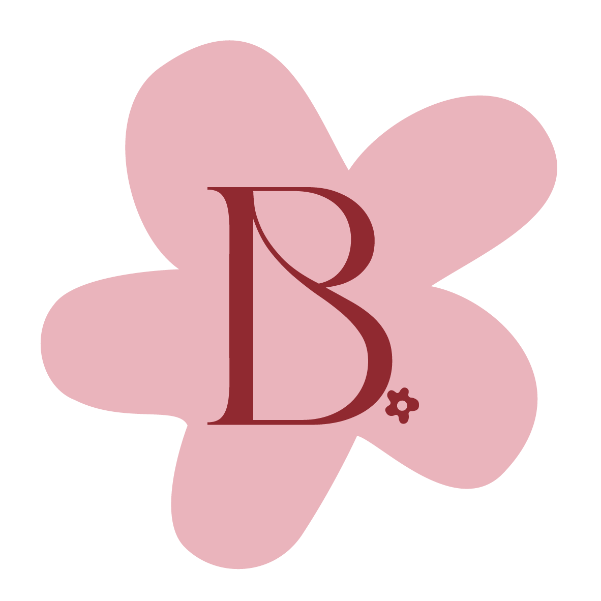 A pink flower shape with a large red letter 'B' and a small red flower detail.