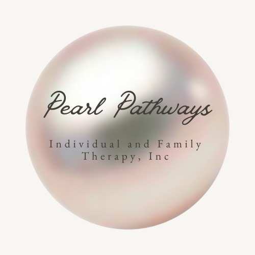 A logo with a pearl background and the text 'Pearl Pathways Individual and Family Therapy, Inc' in black cursive and typewriter font.
