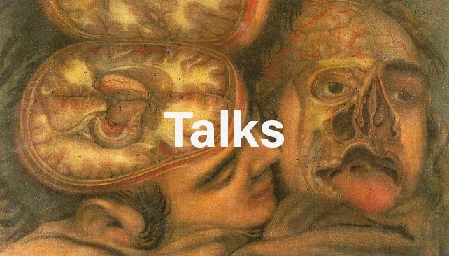 Surreal painting of two faces with exposed brains, with the word 'Talks' overlayed in white text