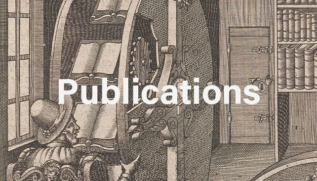 Vintage black and white illustration of a person wearing a hat, reading a book near a clock and a bookshelf, with the word 'Publications' overlaid.