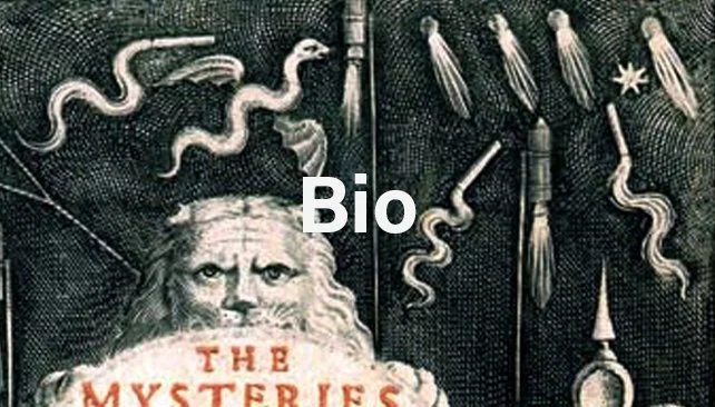 Illustration of an old man with a long beard reading a book titled 'The Mysteries,' surrounded by snakes and mystical symbols.