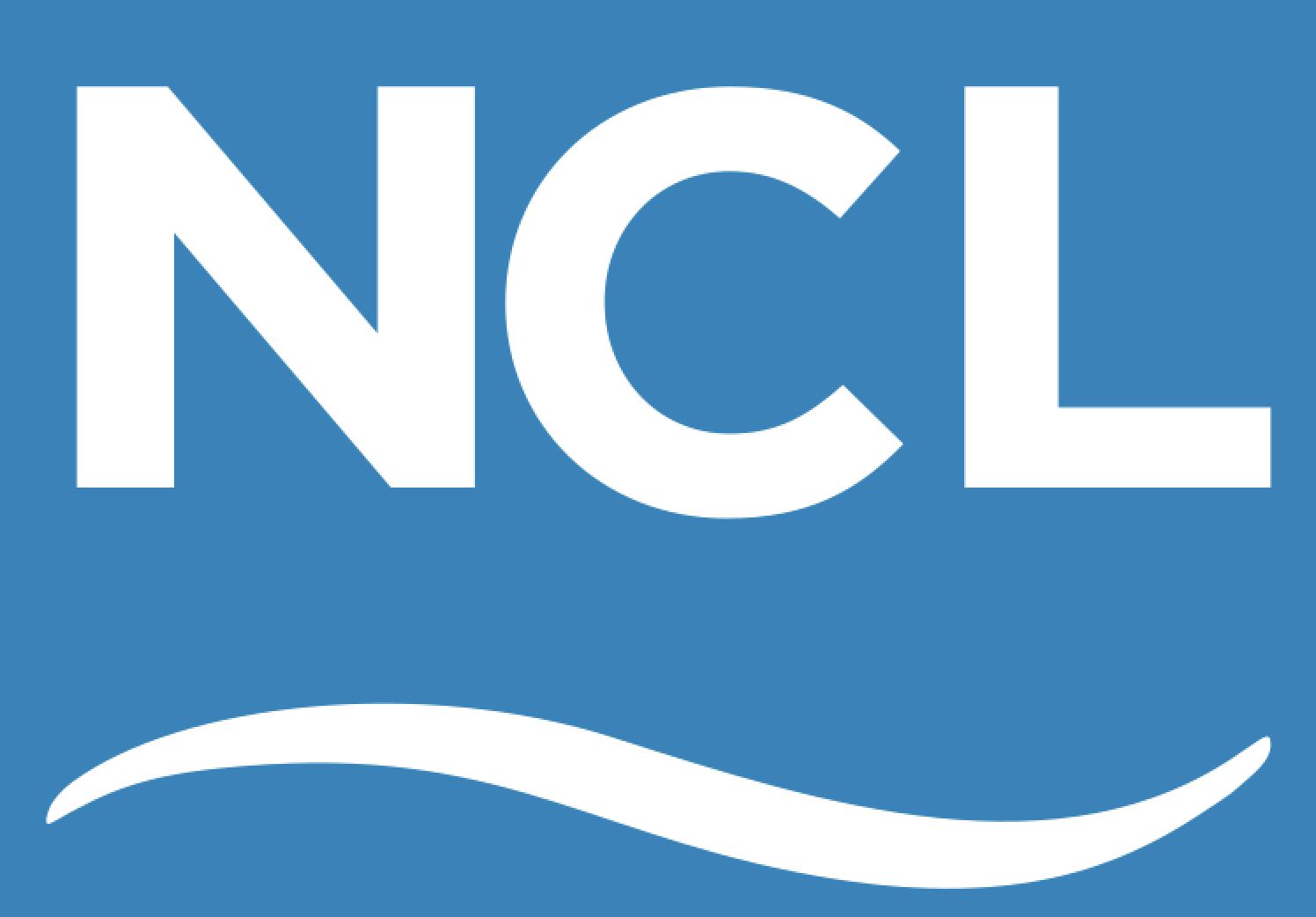 NCL logo with large white letters on a blue background and a white wave underneath. Norwegian cruise vacation couples fun relaxation dining free at sea