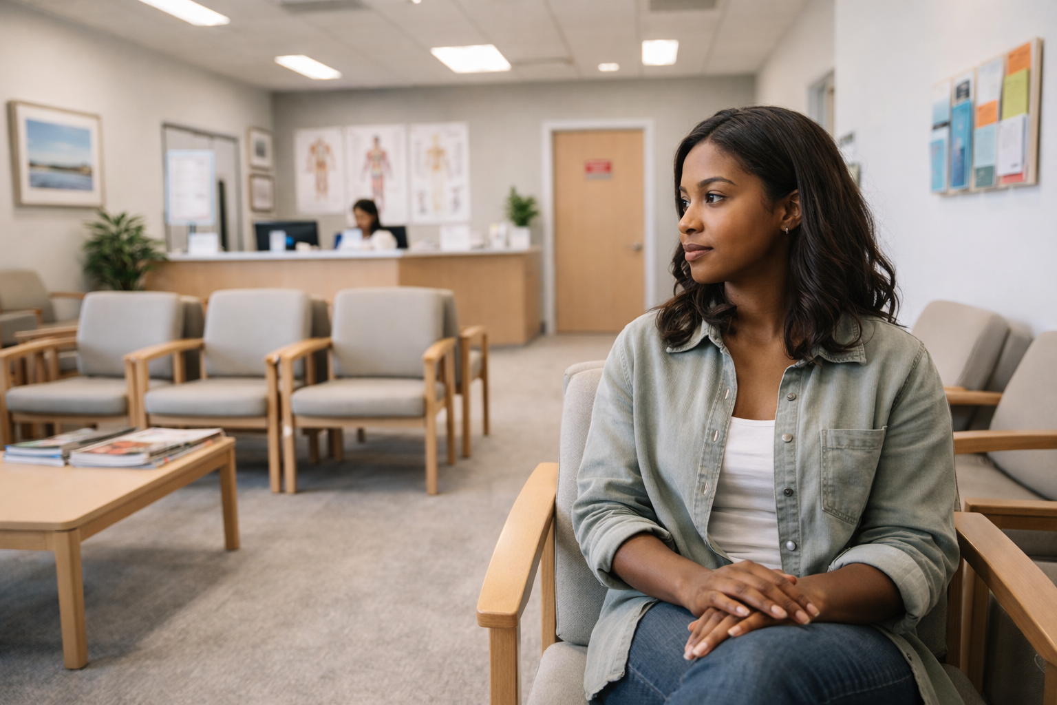 Person waiting in a medical office, feeling uneasy