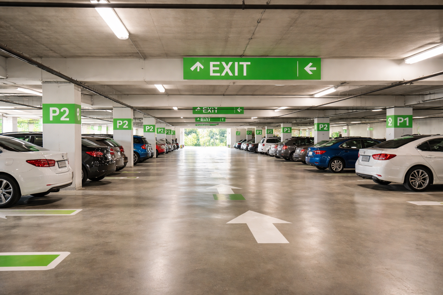 Person walking in a parking garage, environmental anxiety