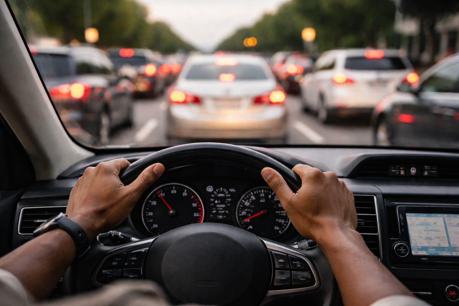 Driver holding steering wheel in traffic, nervous system activation