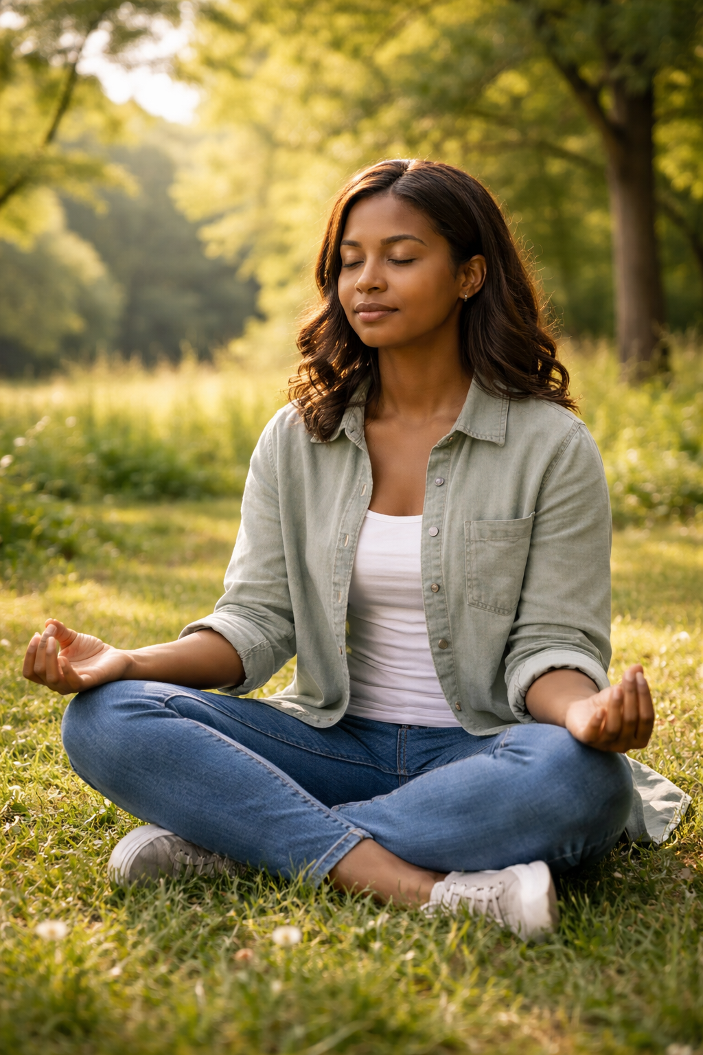 Person practicing grounding outdoors, calming the nervous system