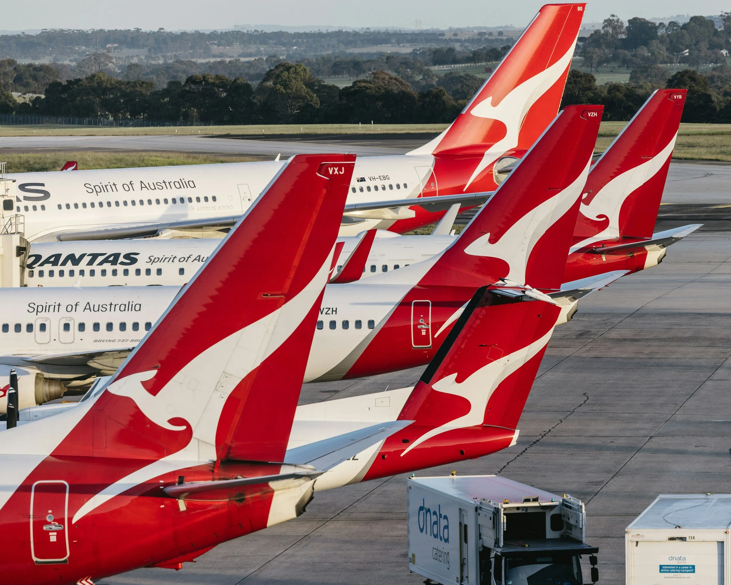 Multiple Qantas airplanes with red tails featuring a white kangaroo logo parked at an airport gate.