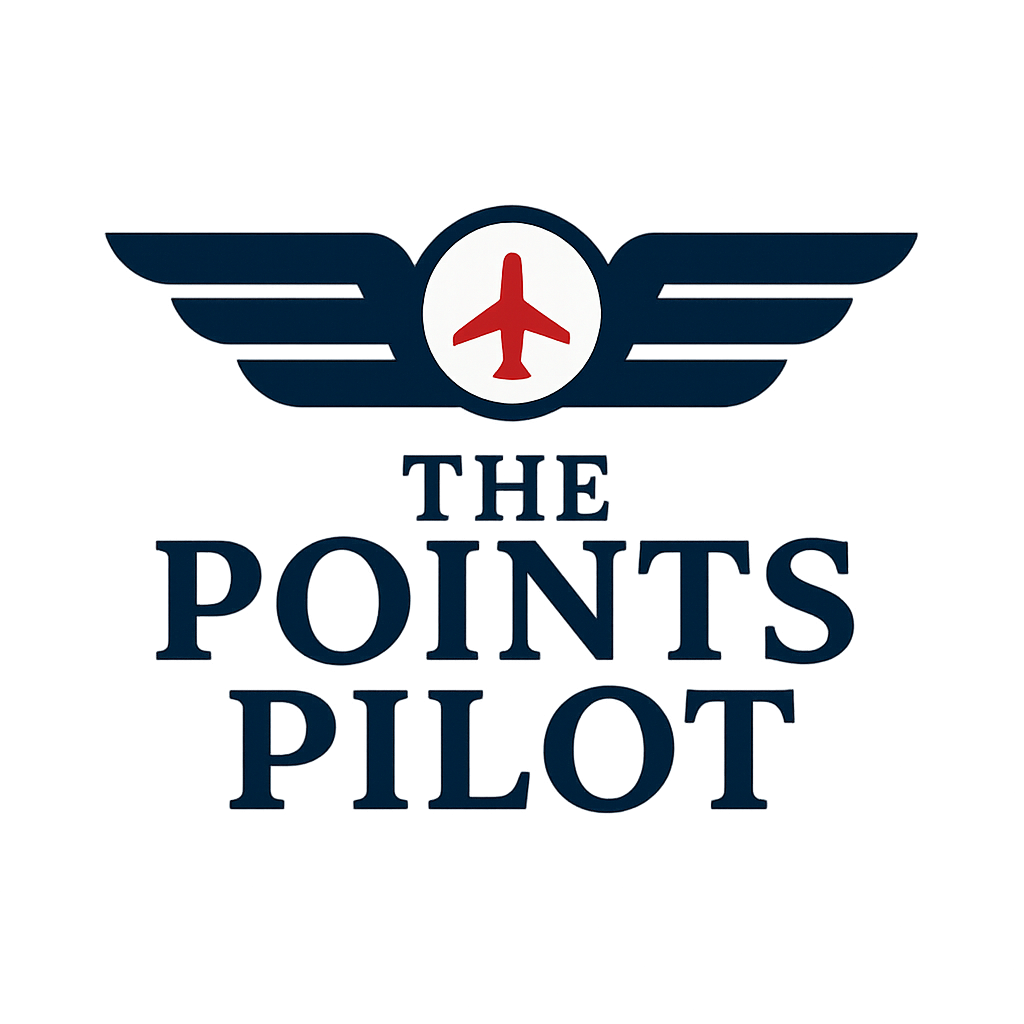 Logo of The Points Pilot featuring a red airplane inside a white circle with navy wings and text below that reads 'The Points Pilot'.
