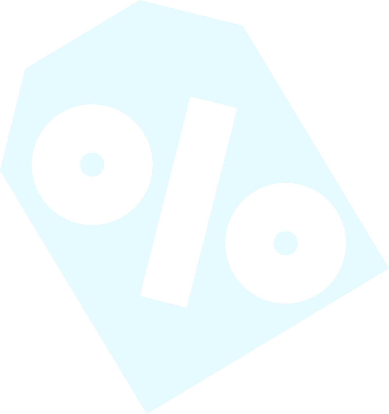 Stylized percentage symbol with a large percent sign and two black circles on a light blue background.