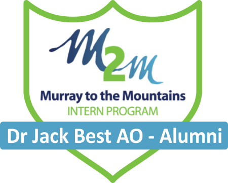 Logo with a stylized green and blue graphic and text reading "Dr Jack Best AO - Alumni".