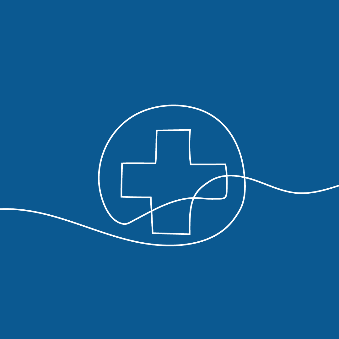 A white outline of a medical cross inside a circle, with a white line extending across a blue background, resembling a minimalist design.