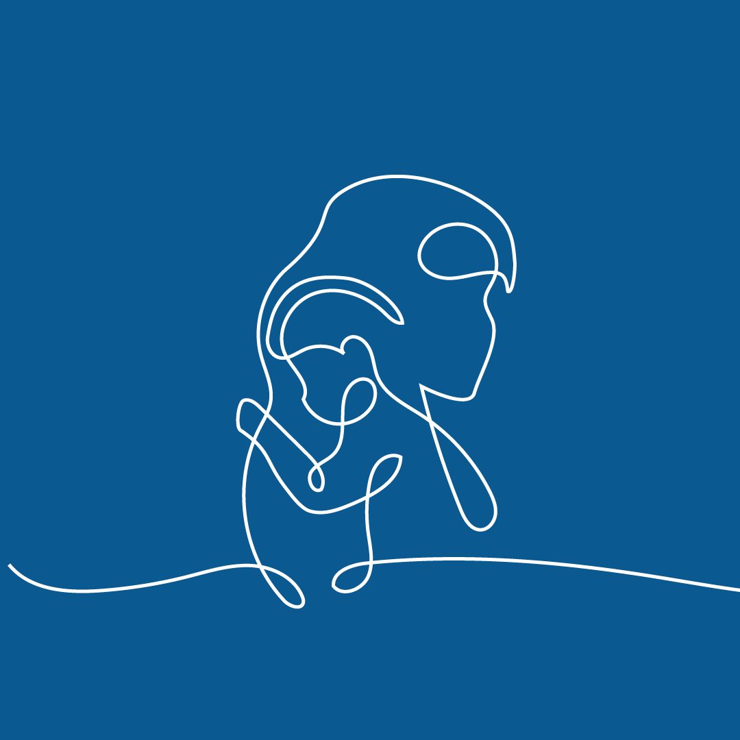 Line art drawing of a person wearing headphones, created with a continuous white line on a dark blue background.