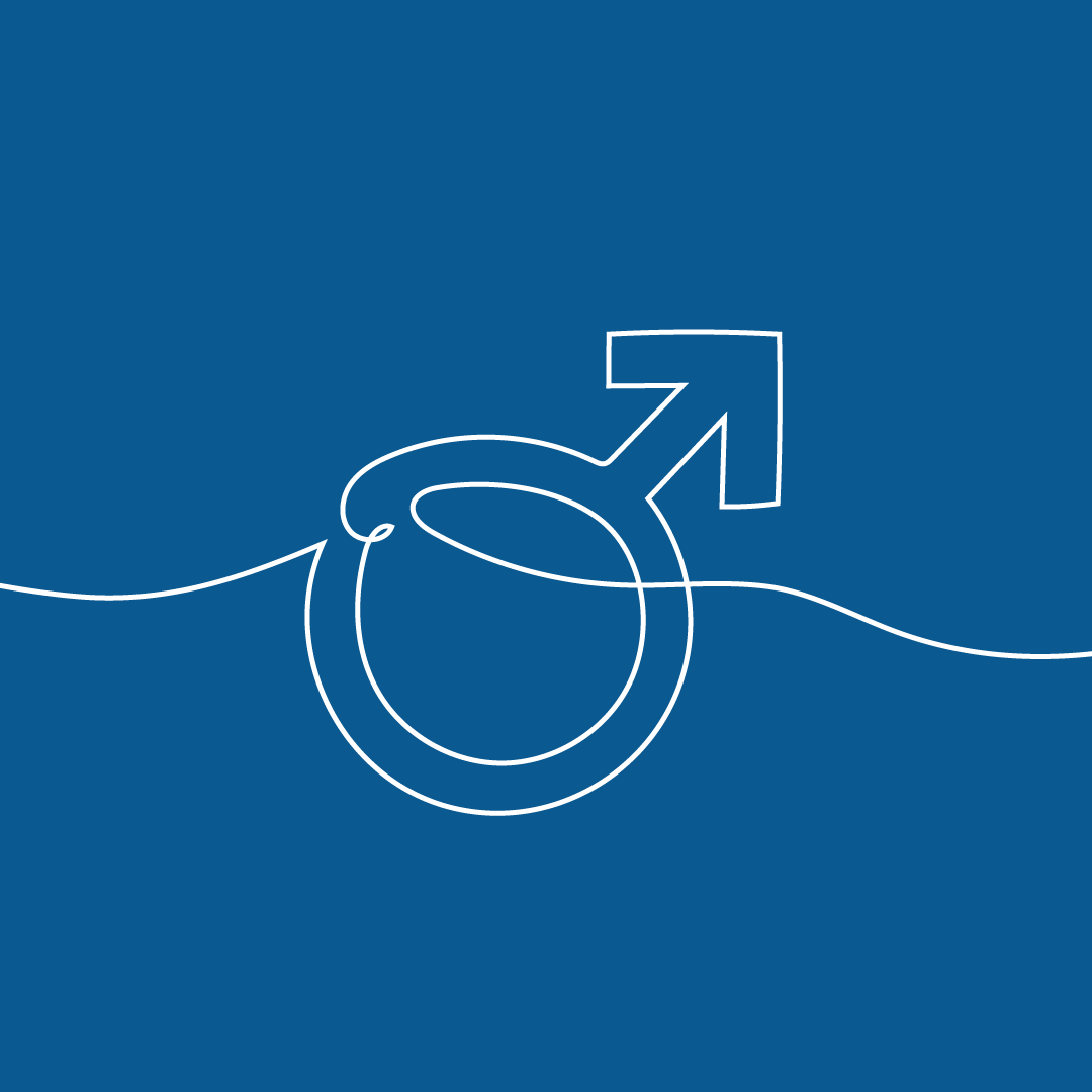 Line art illustration of a male gender symbol partially submerged in water, with the waterline crossing through the symbol.