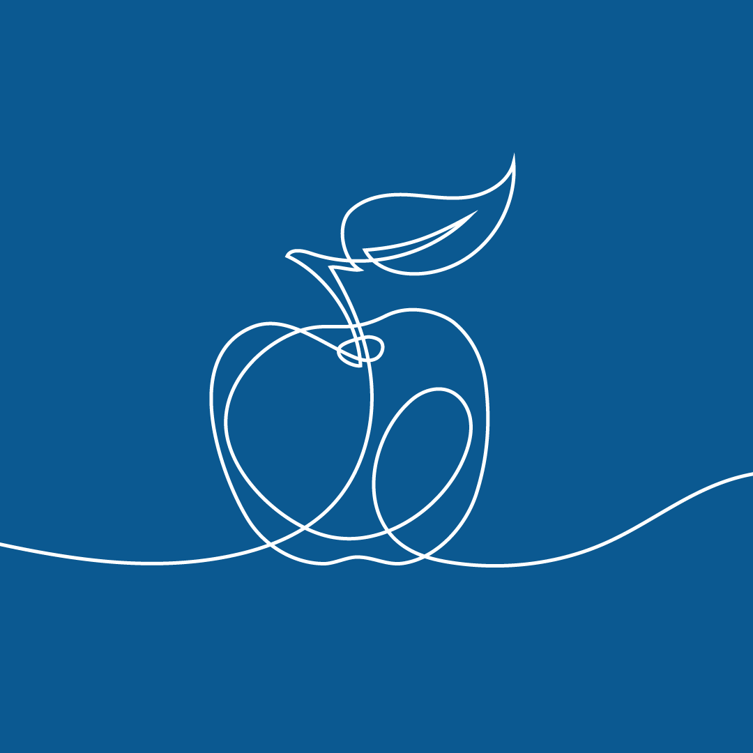 Minimalist line drawing of an apple with a leaf on a blue background.