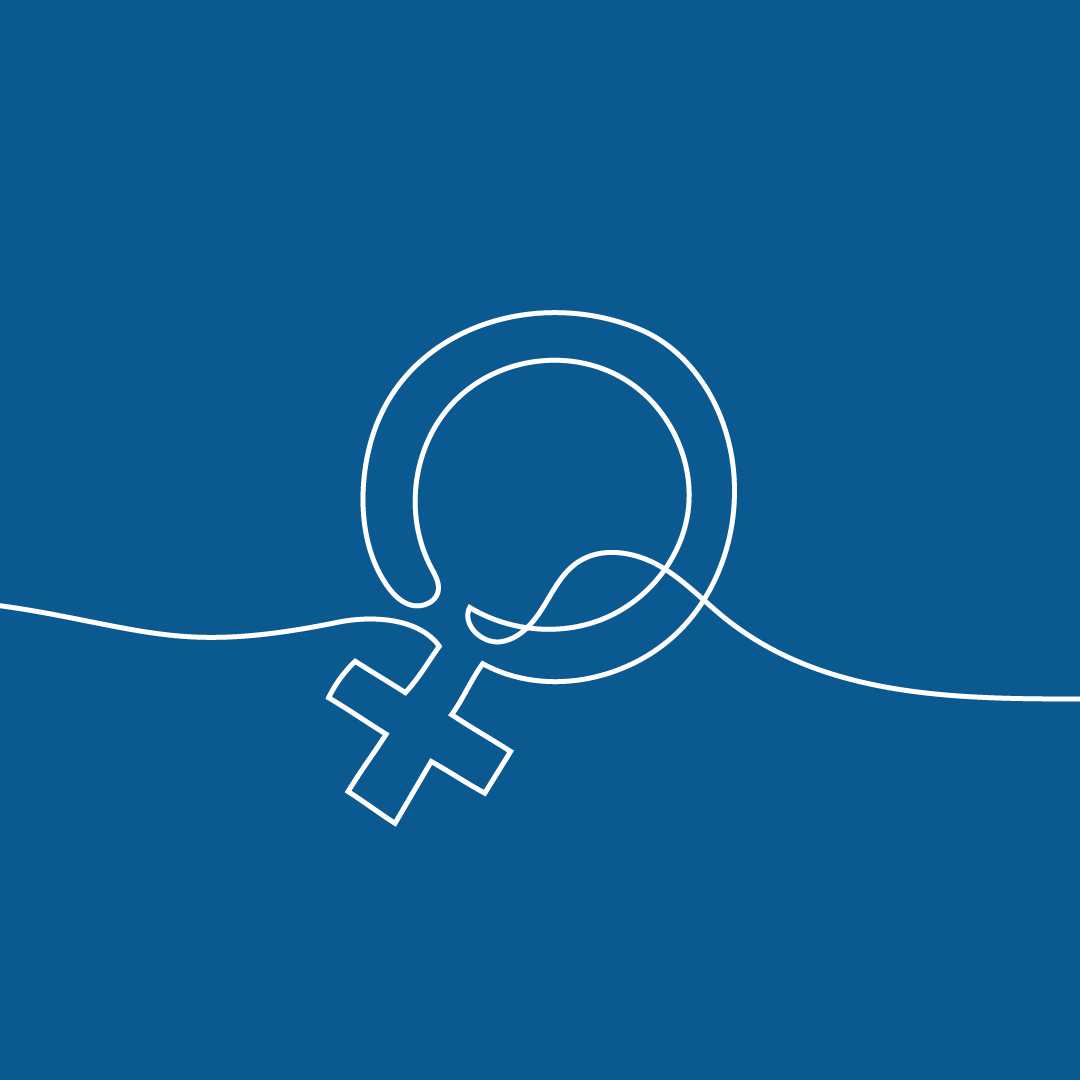 Minimalist white line drawing of a female gender symbol on a dark blue background.