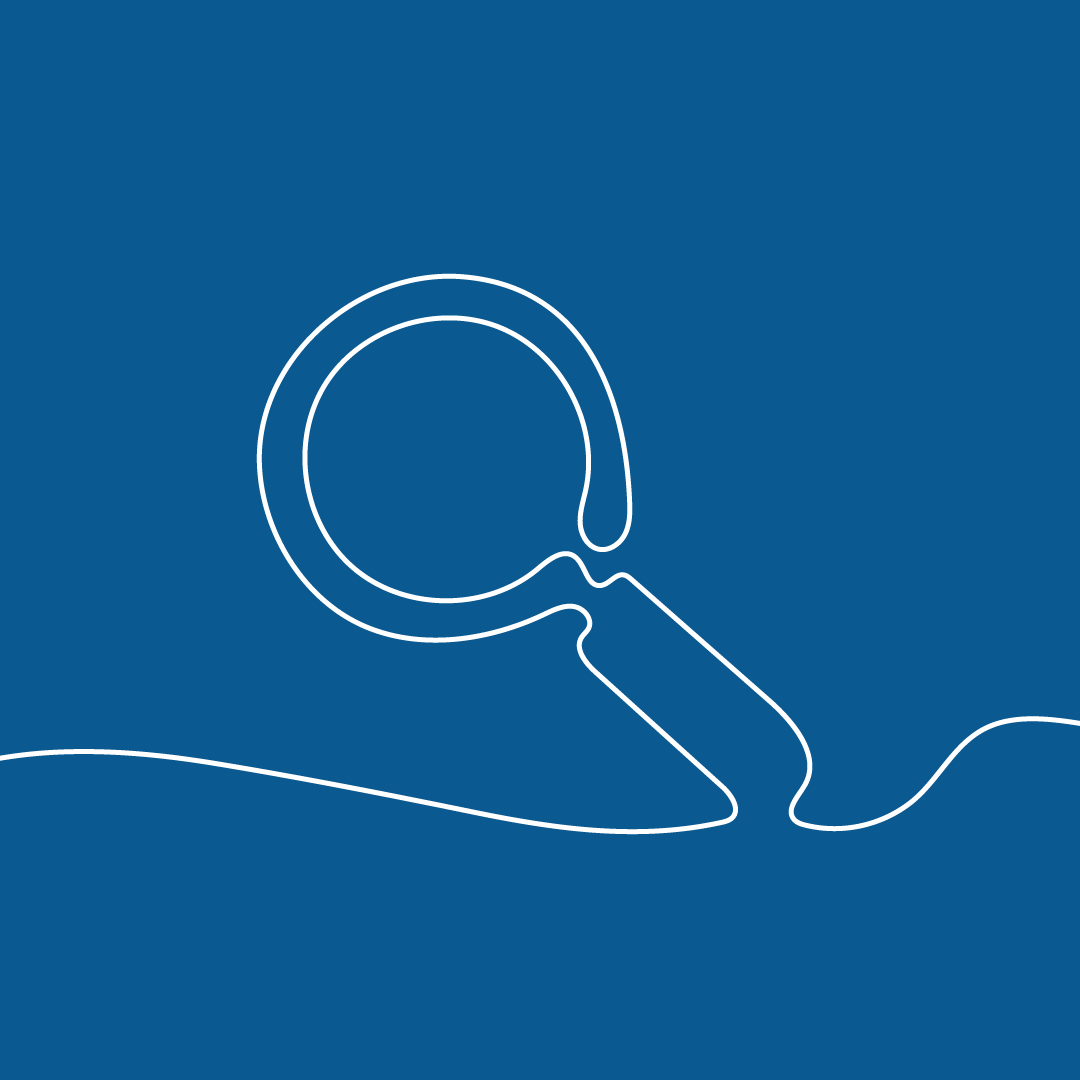 Line drawing of a magnifying glass on a hand against a blue background.