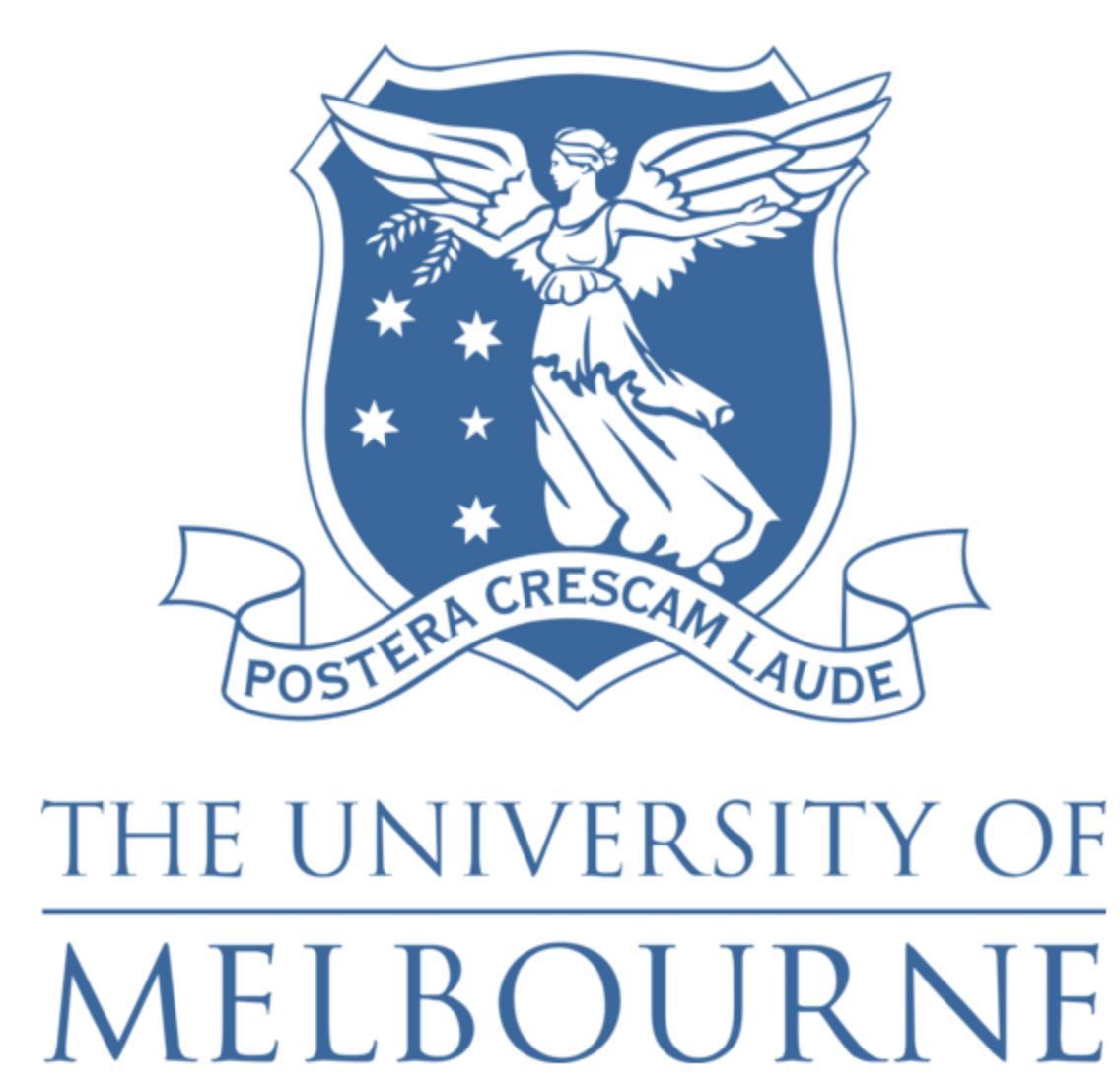 University of Melbourne crest featuring a winged figure holding a branch, with the Latin motto 'Postera Crescam Laude' and the text 'The University of Melbourne' beneath.