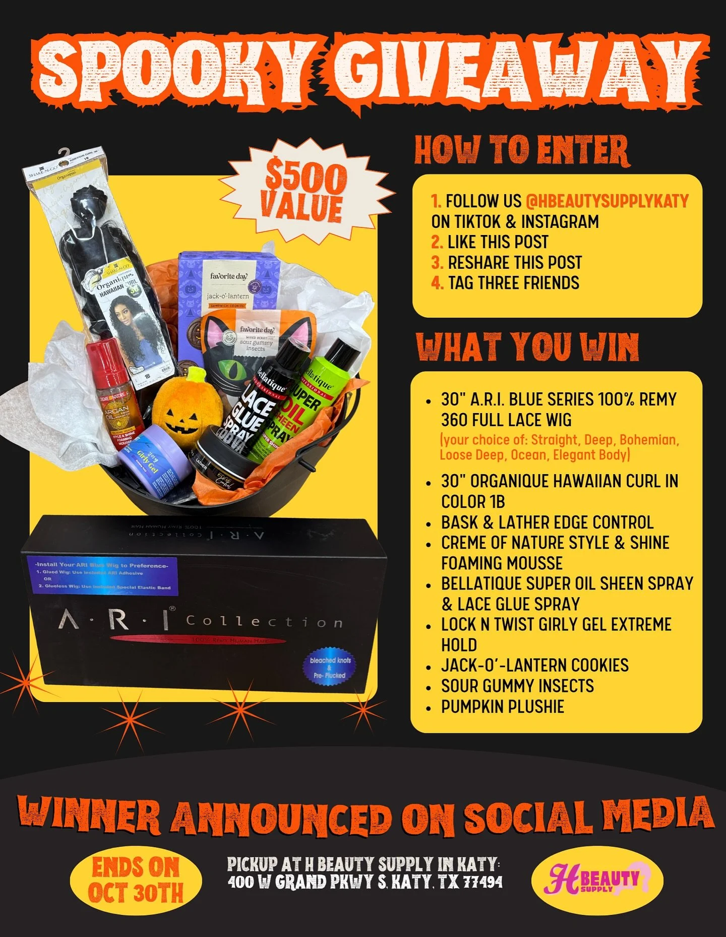🎃👻 SPOOKY SEASON GIVEAWAY 👻🎃
Treat yourself this Halloween with our spooky prize basket 🕸️✨
One winner will take home:
💙 30" A.R.I. Blue Series 100% Remy 360 Full Lace Wig (your choice of style in Straight, Deep, Bohemian, Loose Deep, Oce