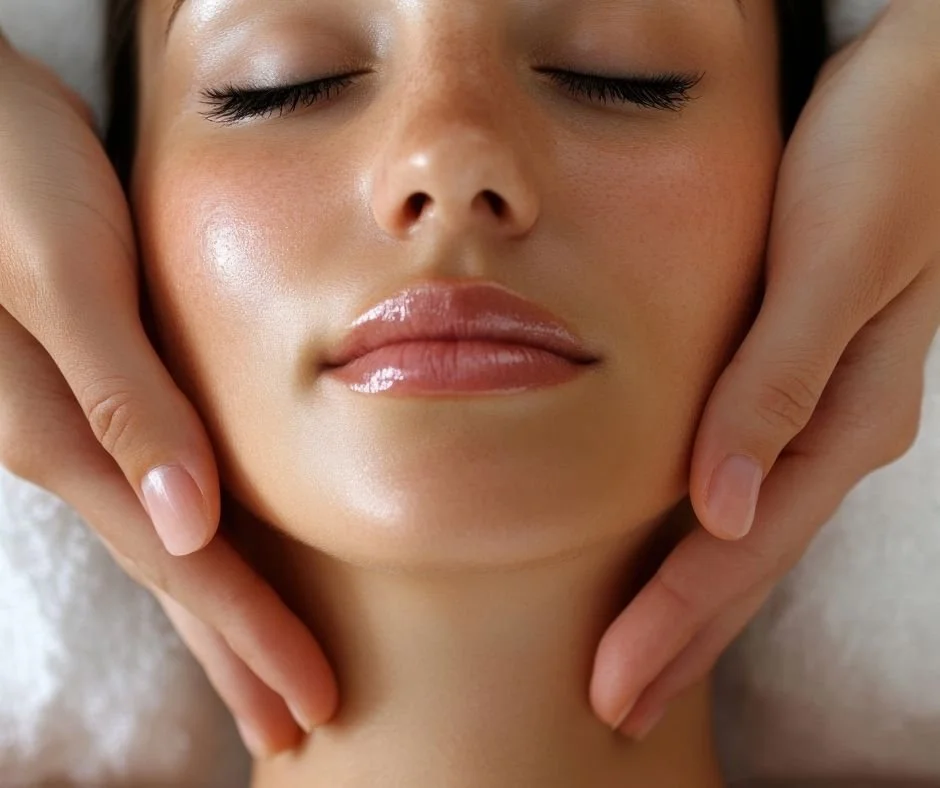 Close-up of a woman receiving a massage, with eyes closed and relaxed expression.