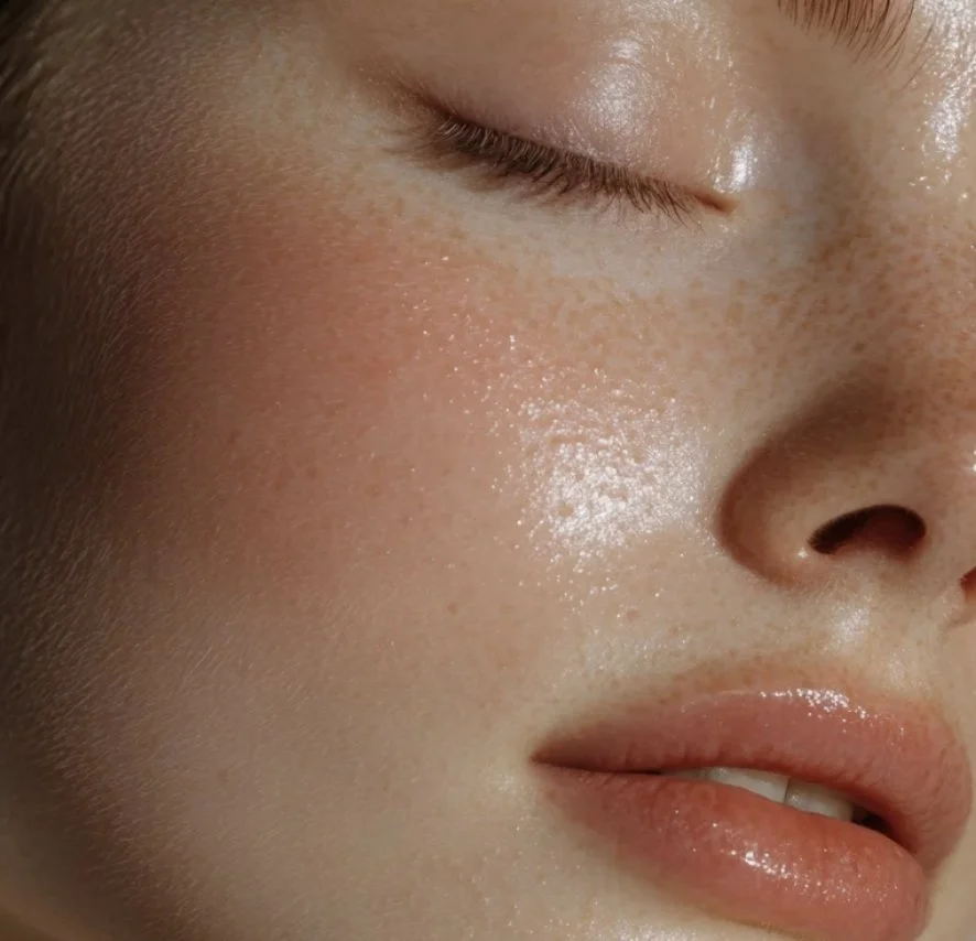 Close-up of a person's face with clear, glowing skin, closed eye, and slightly parted lips.