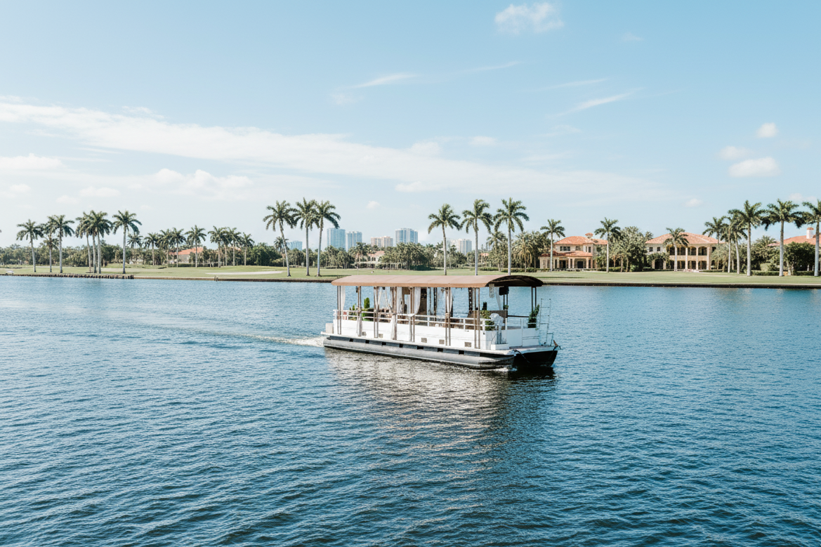 A boat named PALMA HAUS carrying passengers along a waterway with luxury homes and palm trees in the background at sunset.