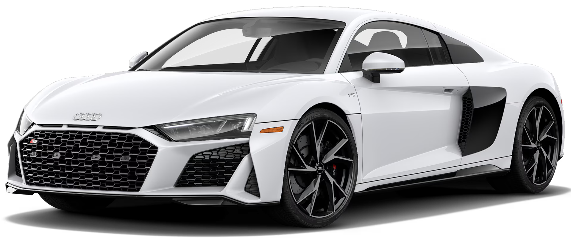 White Audi R8 sports car with black alloy wheels and black front grille, showing sleek design and aerodynamic features.