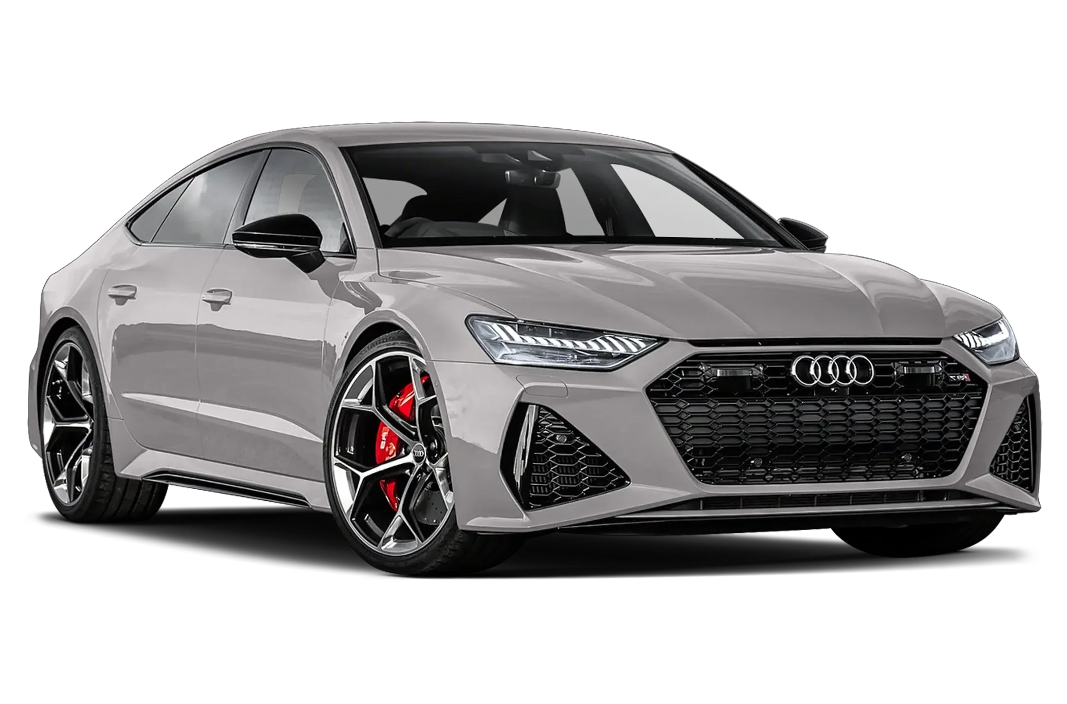 Silver Audi sports sedan with black accents and red brake calipers.