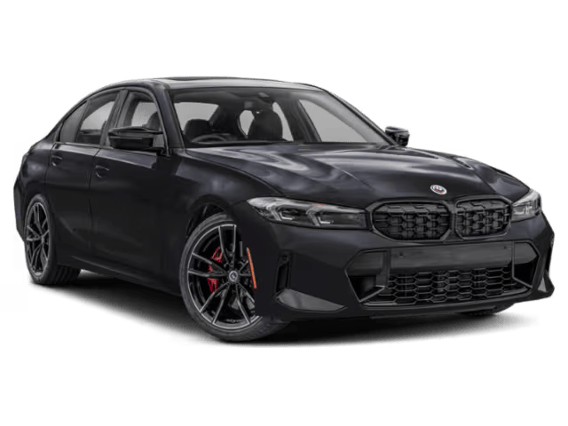 Black sports sedan with a sleek design, red brake calipers, and dark alloy wheels on a plain black background.