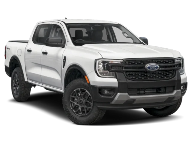 A white Ford pickup truck with four doors, black wheel rims, and a modern design.