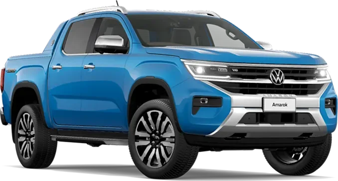 Blue Volkswagen Amarok pickup truck with black tires, alloy wheels, LED headlights, and a front grille with the Volkswagen logo.