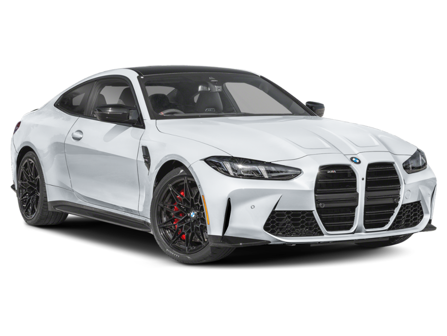 White BMW M4 coupe with black roof, black wheels, and red brake calipers, positioned at a three-quarter front view.