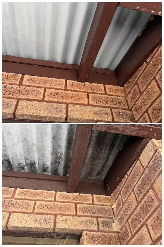 Comparison of two images showing the same corner of a brick wall and metal roof, with one image showing a clean surface and the other showing mold or dirt buildup.