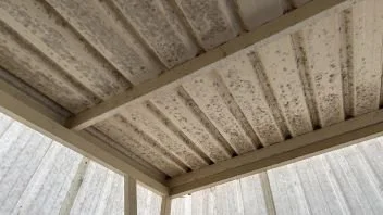 View of the underside of a wooden porch roof with exposed beams and ceiling panels.