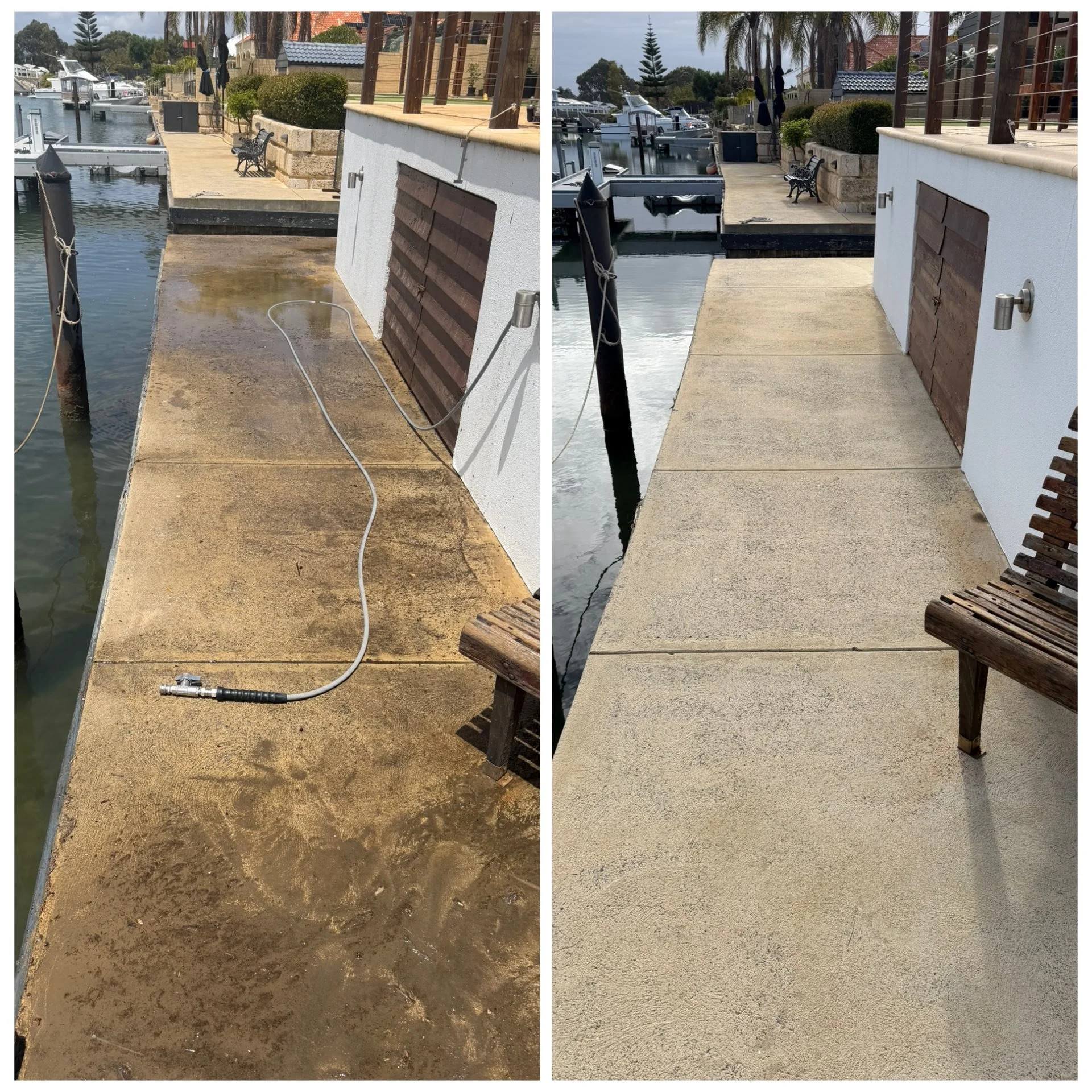 Before and after comparison of a boat dock surface cleaning and resurfacing, showing dirty, stained surface on the left and clean, textured surface on the right