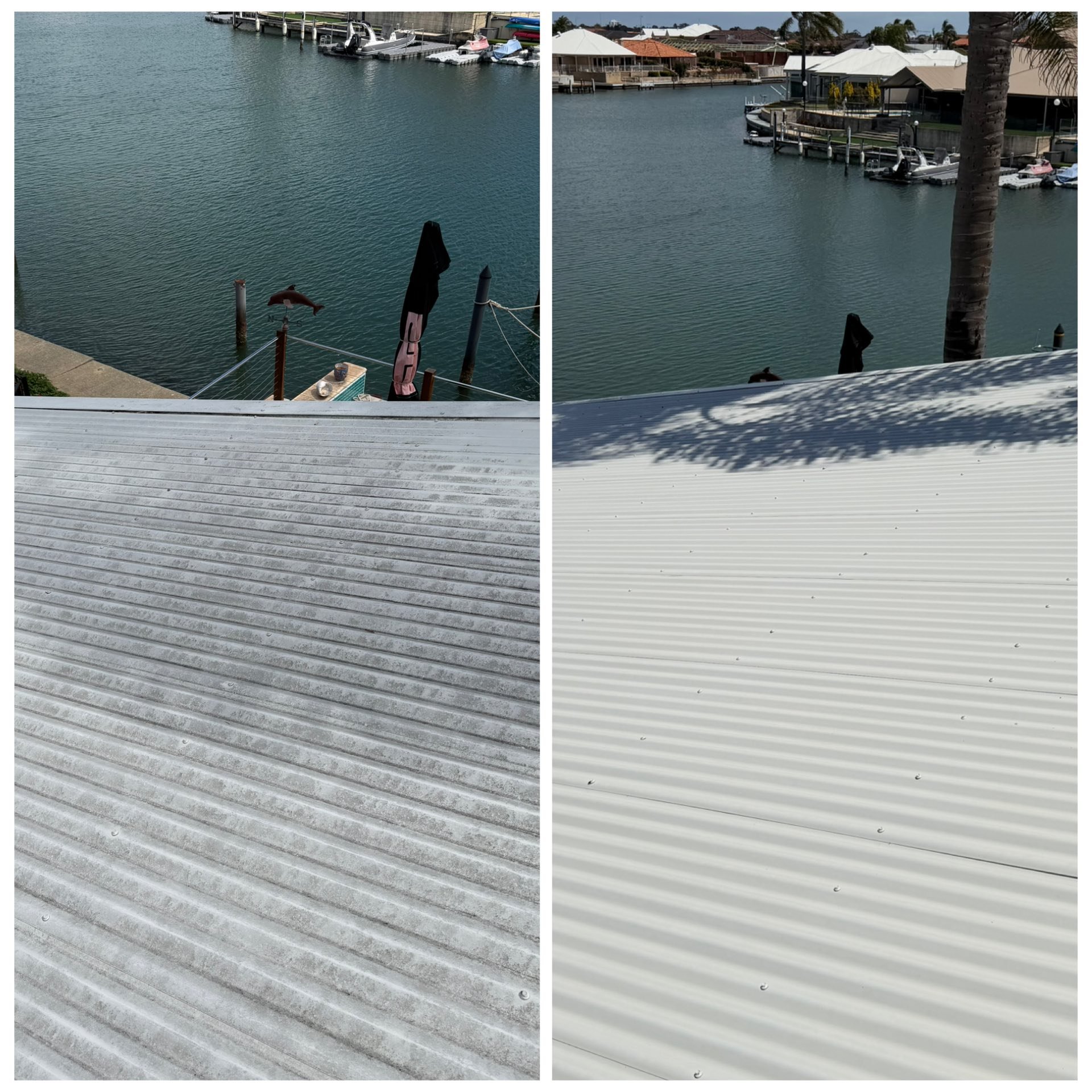 Comparison of a weathered gray metal roof and a clean white metal roof next to a body of water with docked boats and houses