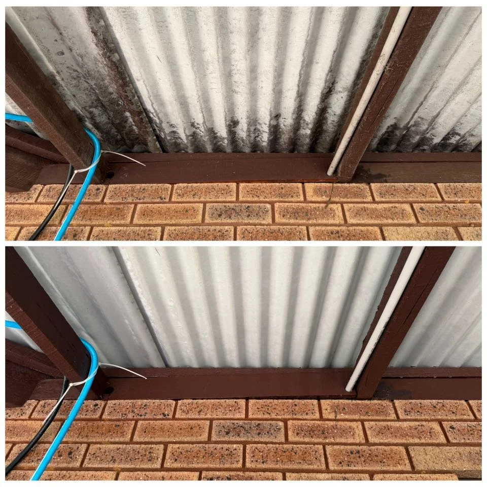 Before and after images showing cleaning of a corrugated metal fence panel. The top photo shows dirt and stains on the panel and the bottom photo shows a clean, bright metal surface.