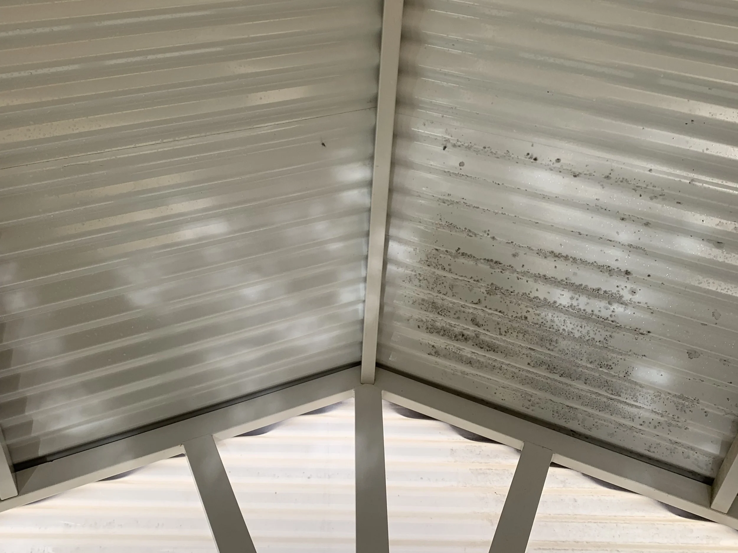 Ceiling of a metal structure with dirt and grime on the panels.