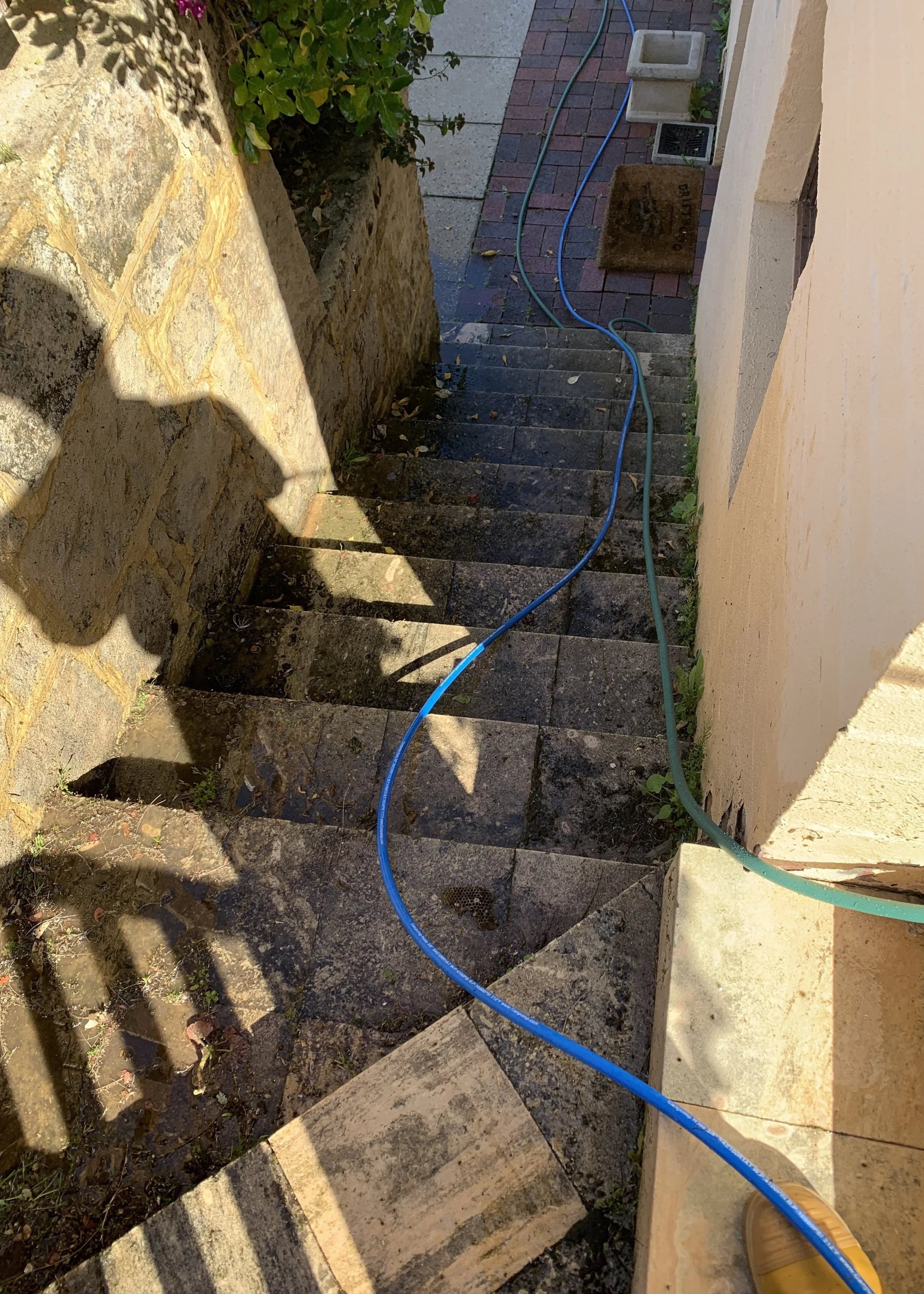 Outdoor stone stairs with a blue garden hose running down, flanked by a stone wall and a beige wall. Morning sunlight creates shadows.