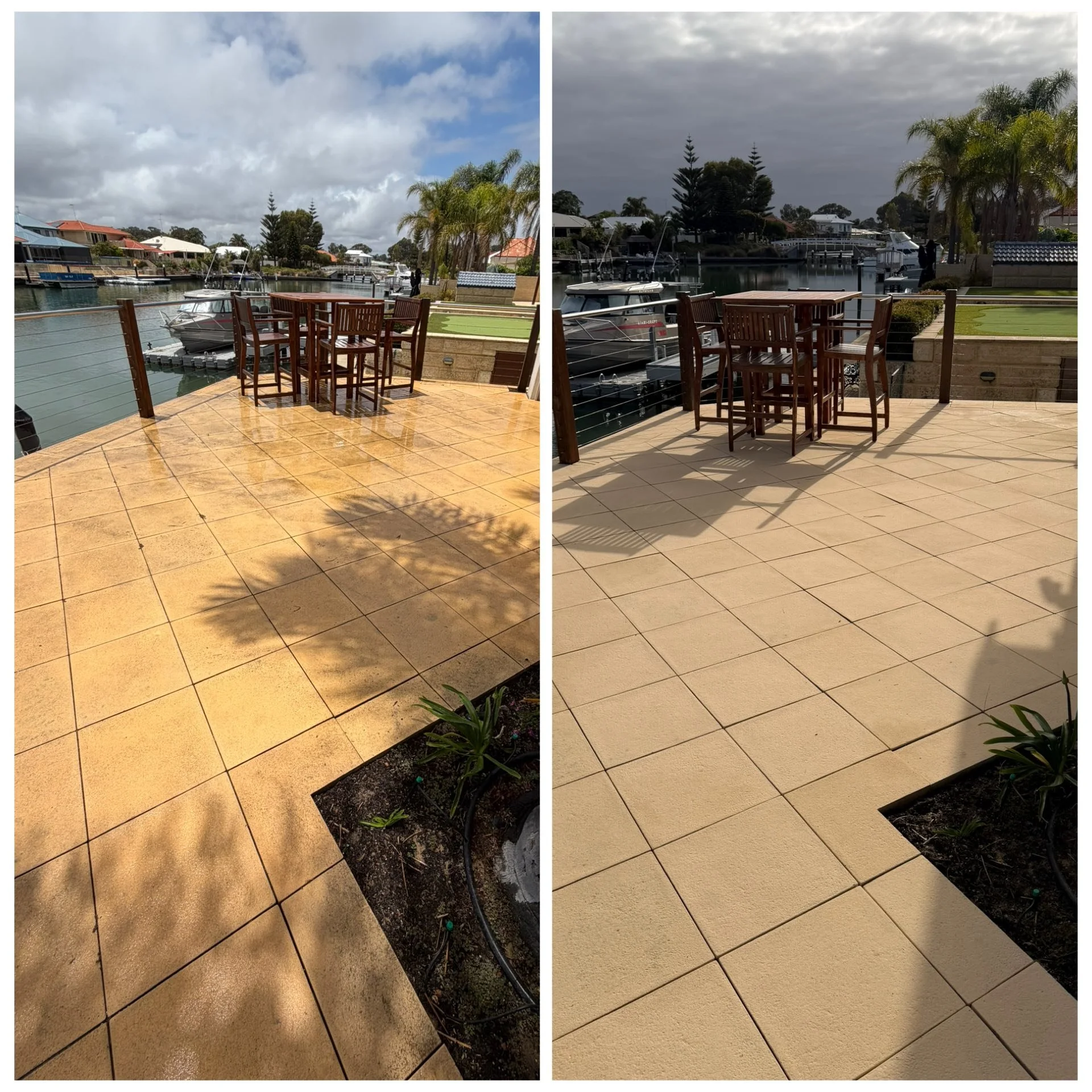 Side-by-side comparison of a patio area with wooden dining furniture, overlooking a waterway with boats, under partly cloudy skies. The left image shows the patio with wet, glossy tiles, while the right image shows the same area with dry, matte tiles