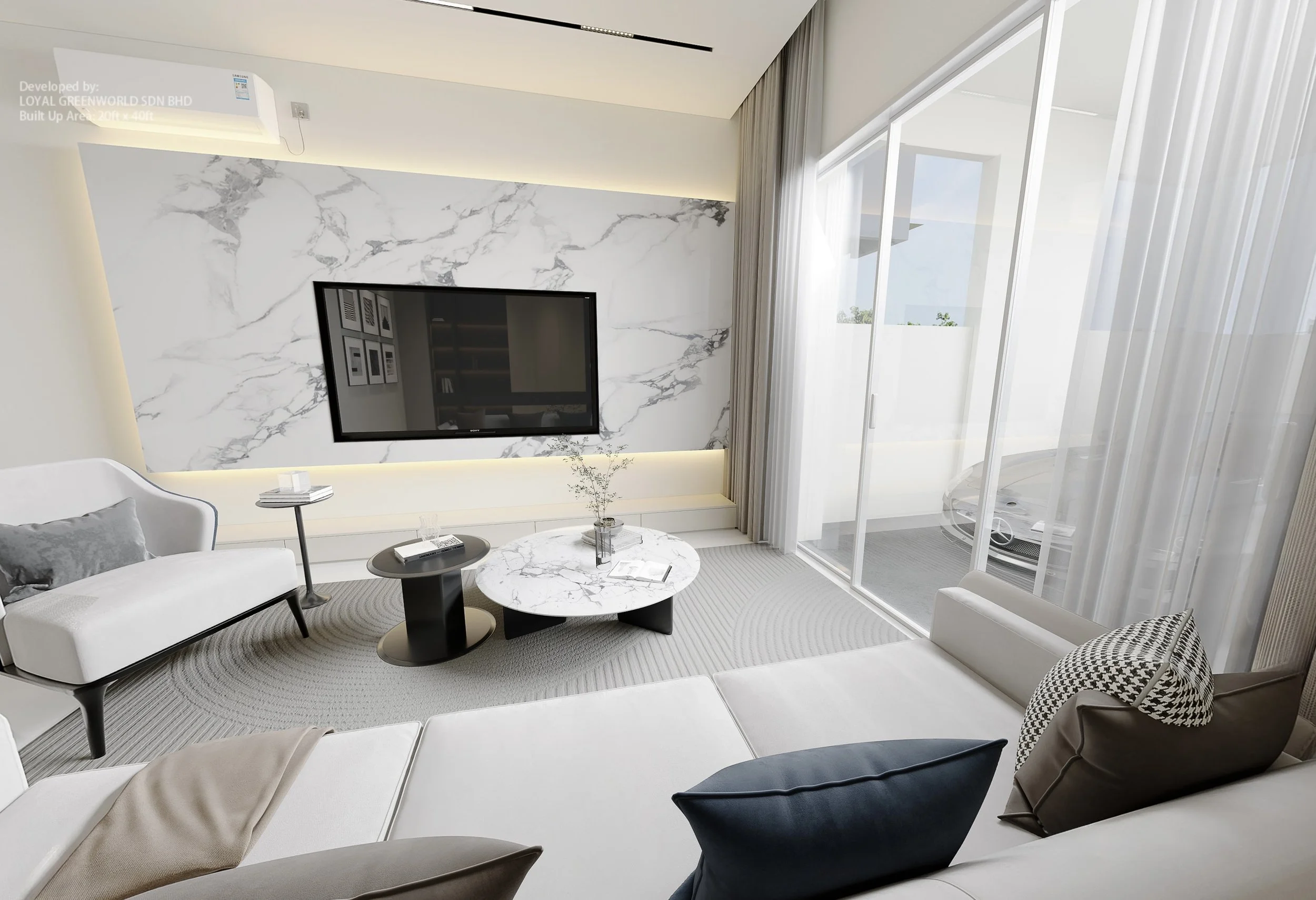 Modern living room with white sectional sofa, marble coffee table, sofa pillows, wall-mounted TV on marble accent wall, near large sliding glass door with curtains, view of parked car outside.